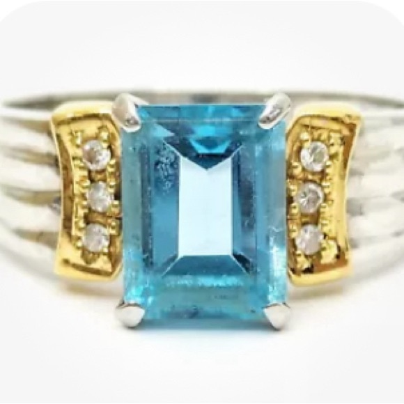 Jewelry - Auth Preloved Blue Topaz 1.84 ct Diamond .04 ct Platinum Gold X K18 Ring Sz 6.58